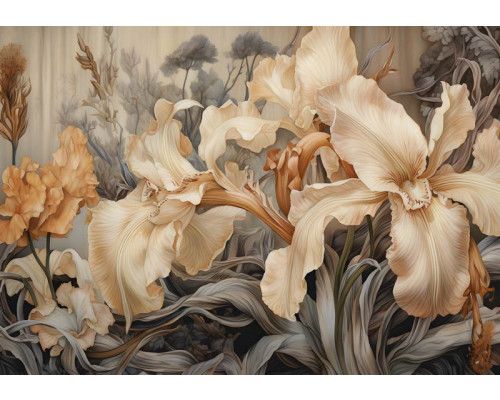 Dit fotobehang toont grote, gedetailleerde beige irisbloemen in een elegante kunststijl.