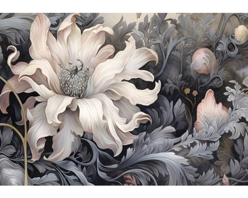 Grote witte bloem afgebeeld op dit fotobehang, met een minimalistisch ontwerp dat de bloem in detail laat zien.