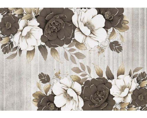 Fotobehang van grote bloemen op een betonnen muur, met pioenrozen in een artistieke compositie.