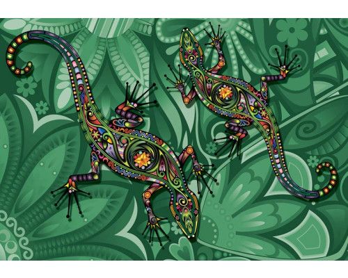 Hagedissen, kunstzinnig weergegeven op een abstract en natuurlijk fotobehang.