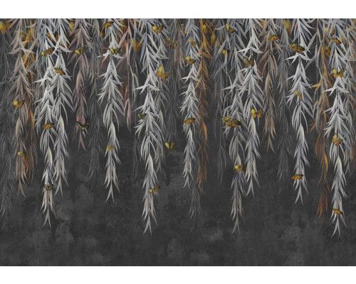 Hangplanten en vlinders vliegen door een weelderige jungle op dit bladerenbehang, dat een tropische en levendige uitstraling geeft.