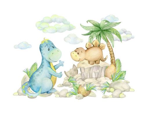 Blije dinosaurussen die door het regenwoud bewegen, terwijl de kinderen genieten van de kleurrijke en speelse scène op dit fotobehang.