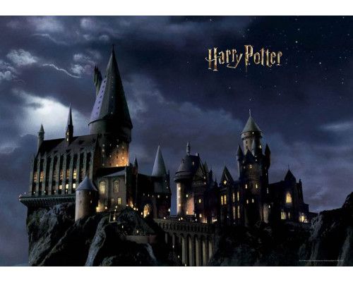 Een fotobehang met Harry Potter’s Zweinstein in de nacht, waarin het iconische kasteel mysterieus oplicht onder een sterrenhemel, omringd door een magische sfeer.