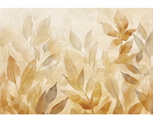 Fotobehang met herfstbladeren in aquarelstijl in warme tinten zoals oranje, rood en geel op een lichte achtergrond.