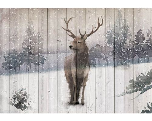 Fotobehang van een hert in een winterbos met rendieren en natuurdetails.