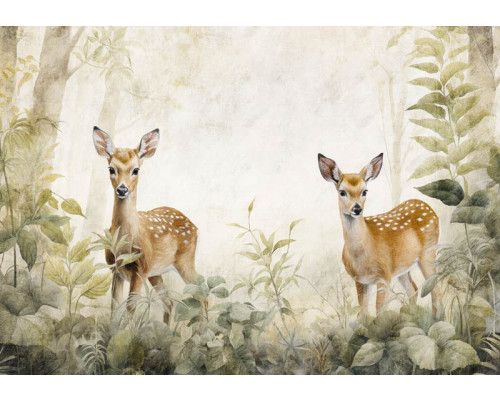 Fotobehang van hertjes in een bosrijke omgeving met speelse bosdieren.