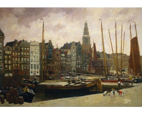 Fotobehang met een historisch stadsbeeld van het Damrak in Amsterdam, met iconische huizen, de Oudekerkstoren en een sfeervolle weergave van de binnenhaven.