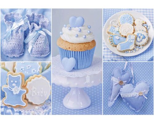 Fotobehang met de tekst 'Het is een jongetje,' in een babyblauwe cupcake-stijl voor jongens.