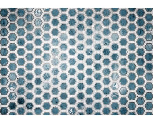 Fotobehang met hexagon tegels in blauw met een opvallend 3D-effect.