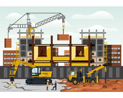 Fotobehang met hijskranen en gebouwen, industriële sfeer.