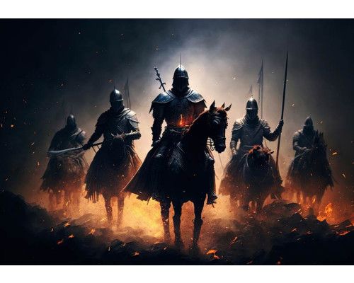 Historische ridders te paard in volle galop op een episch fotobehang, perfect voor fans van middeleeuwse avonturen.