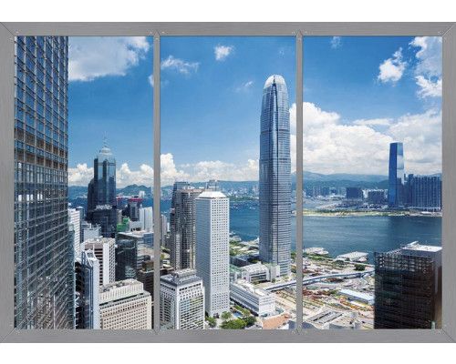 Fotobehang Hongkong Raamzicht 3D