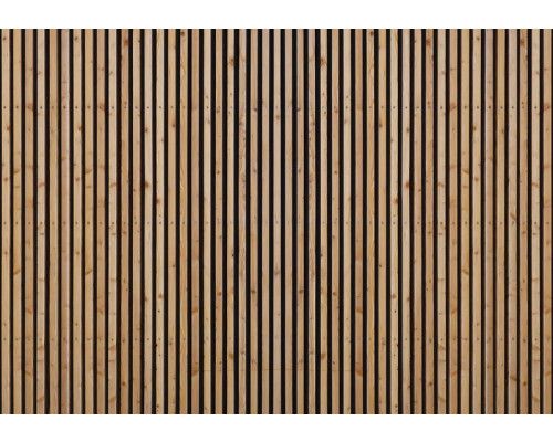 Fotobehang van houten panelen en latten, met een akoestisch wandpaneel ontwerp.