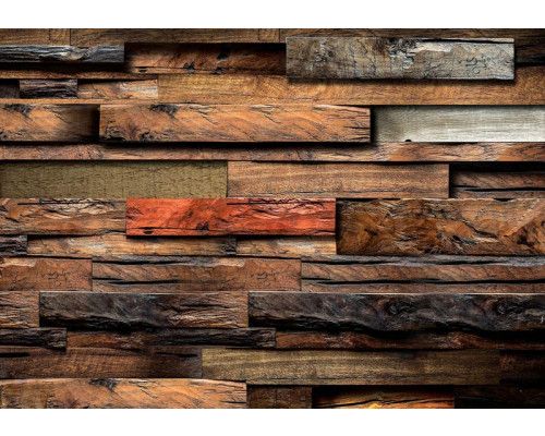 Fotobehang van houtstrips met 3D-effect, planken in rustieke stijl.