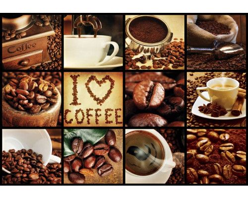 I love coffee collage, fotobehang met koffiebonen en cappuccino voor een gezellige en warme sfeer.