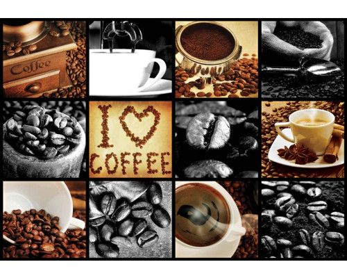 Zwart kader koffie collage, fotobehang met een stijlvolle en moderne weergave van koffiebonen.