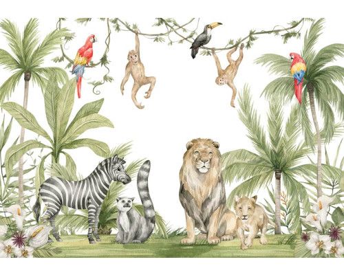 Fotobehang met verschillende dieren zoals een leeuw, zebra, papegaai, toekan en apen in de jungle in de jungle, ontworpen voor kinderkamers.