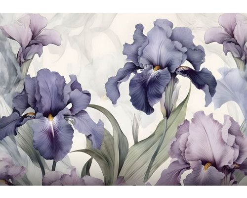 Paarse irisbloemen staan centraal op dit fotobehang, met een gedetailleerde weergave van de bloeiende planten.