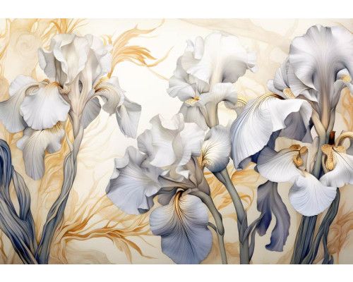 Iris Germanica White Knight bloemen, wit en elegant, gedetailleerd weergegeven op dit fotobehang.