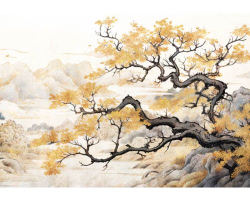 Fotobehang van een Japanse boom met een kunstzinnige natuurstijl.