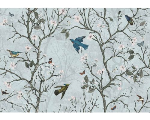 Fotobehang van Japanse vogels in een bloesembos, met kersen- en appelbloesem.