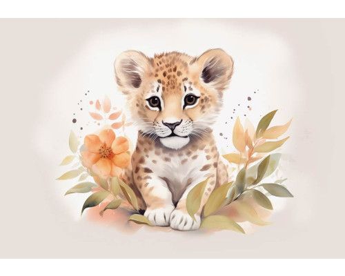 Fotobehang van een jonge leeuw welp, speels en ideaal voor kinderkamers.