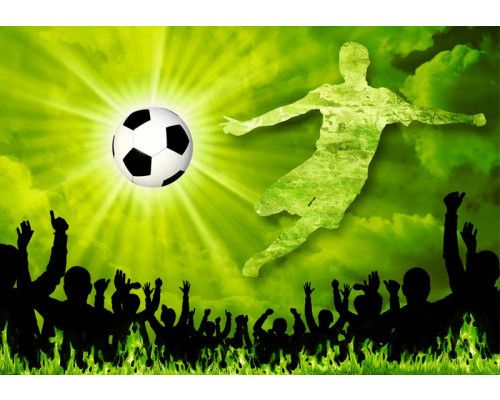 Juichende voetbalfans tijdens een doelpunt, vastgelegd in levendige kleuren op een speels kinderbehang.