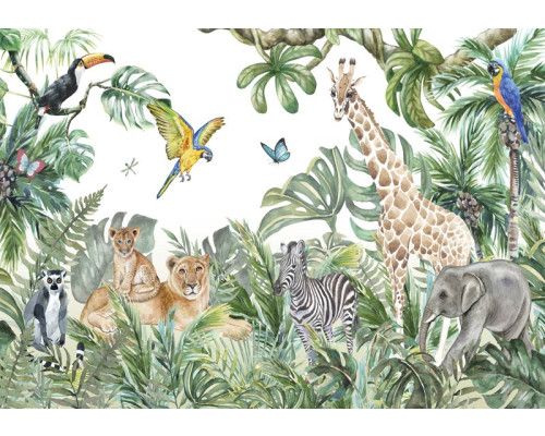 Dieren zoals een olifant, giraffe, zebra, leeuw, papegaai, ringstaartmaki en een toekan in de jungle op een avontuurlijk fotobehang.