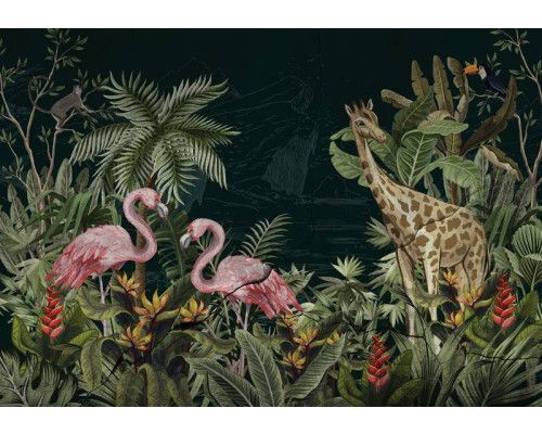 Fotobehang van jungle dieren in een tropische, natuurlijke omgeving met rijke details.