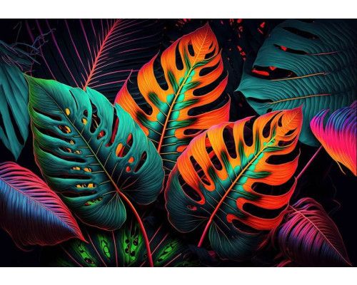 Fotobehang met neon gekleurde jungle bladeren, inclusief monstera en tropische planten. De botanische patronen in levendige tinten geven een futuristisch en tropisch effect.