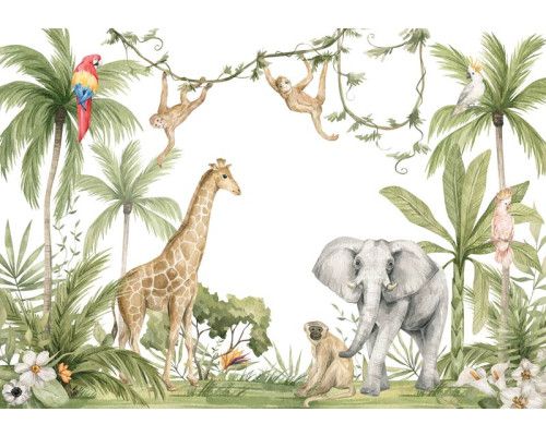 Kinderbehang met jungle dieren, perfect voor een vrolijke en speelse kinderkamer.