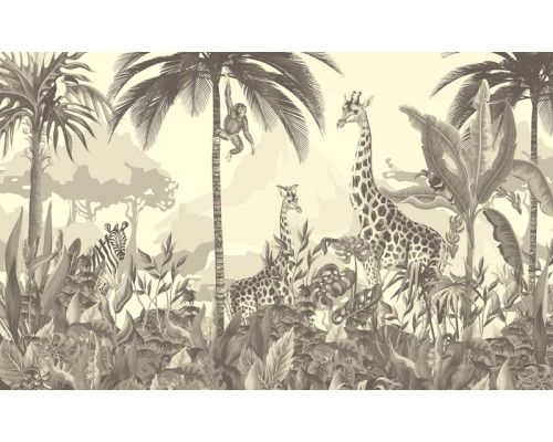Fotobehang van jungle dieren op safari in zwart-wit, met een tropisch tintje dat de wilde natuur benadrukt.