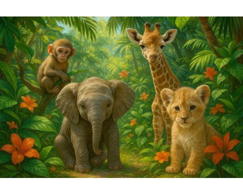 Fotobehang Jungle Dieren Vrienden met babyolifant, giraf, aap en leeuwenwelp omringd door groene bladeren en oranje bloemen.