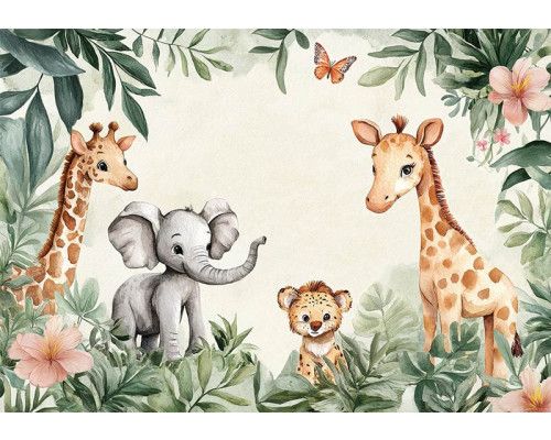 Fotobehang met schattige jungle dieren zoals een olifant, giraffen en een welp tussen groene bladeren, bloemen en een vlinder.