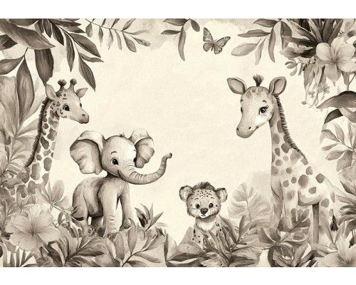 Fotobehang met een olifant, giraffen en een welpje tussen tropische bladeren en bloemen in zachte taupe- en zandtinten.