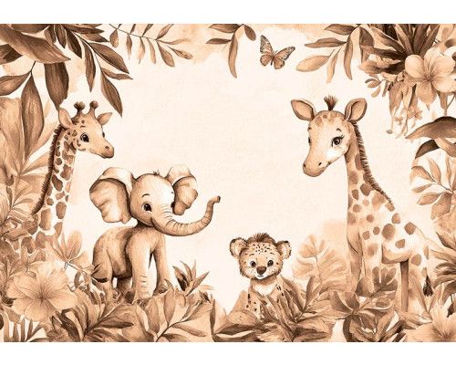 Fotobehang met jungle dieren zoals een olifant, giraffen en een welpje tussen bladeren en bloemen in warme terracotta tinten.
