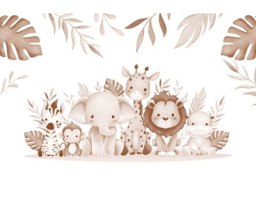 Dieren zoals een olifant, giraffe, olifant, aap, nijlpaard en een zebra omringt met jungle bladeren op een fotobehang in terracotta kleuren.