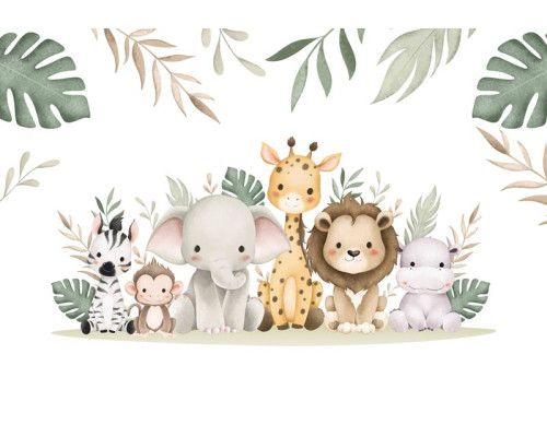 Fotobehang voor kinderen van een jungle vol dieren zoals een olifant, giraffe, olifant, aap, nijlpaard en een zebra in een wonderland setting.