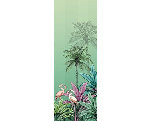 Fotobehang met felgekleurde flamingo's in een jungle-setting, perfect voor een exotische kamer.