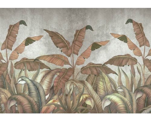 Jungleplanten en bladeren tegen een betonnen muur op dit fotobehang, met een contrast tussen natuur en industriële elementen.