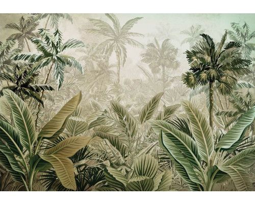 Tropisch fotobehang met diverse jungleplanten, perfect voor een natuurlijke sfeer.