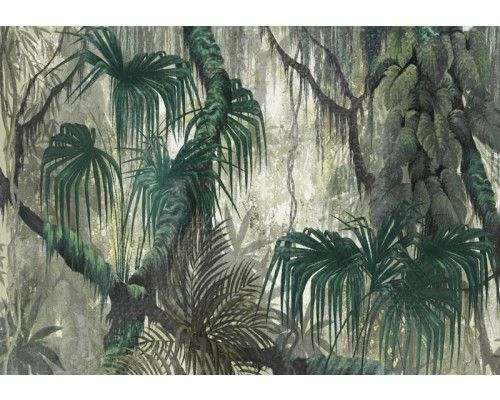 Fotobehang van botanische jungle met schilderingen van takken en bladeren, in een tropische plantenstijl.