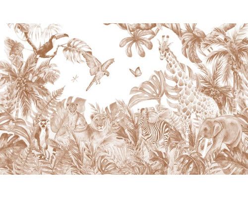 Terracotta dieren in een fantasie jungle op een kinderbehang muurcirkel.