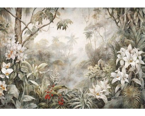 Fotobehang van een jungle wildernis met planten en bladeren in een dicht oerwoud.