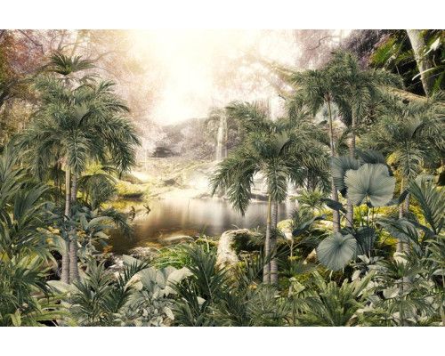 Tropisch fotobehang van een jungleparadijs met een waterval die door het regenwoud stroomt.