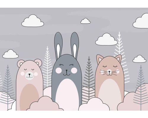 Fotobehang van een kat, een konijn en een teddybeer, weergegeven in een schattige compositie.