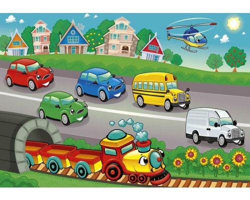 Fotobehang van auto's, treinen en bussen, speciaal voor kinderkamers.