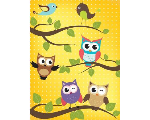 Fotobehang voor kinderkamers met uiltjes en vogels, kleurrijk en speels.