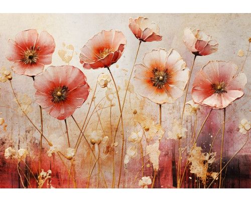 Klaprozen in een kunstzinnig ontwerp op een betonnen achtergrond, prachtig weergegeven op dit fotobehang.