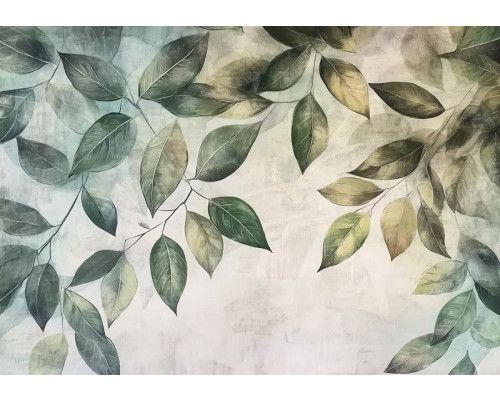 Fotobehang met klassieke botanische bladeren in zachte groentinten op een lichte achtergrond.